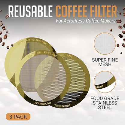 HEXNUB - Reusable Metal Filter for AeroPress Coffee Maker, Stainless Steel Filter Fits AeroPress Original & Go Coffee Press, Fuller Bodied Coffee Than Paper Filters - GOLD 3-PACK