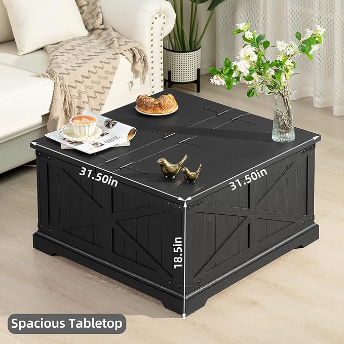 Farmhouse Coffee Table with Large Hidden Storage Compartment, Rustic Black Square Center Table, Wood Low Farm House Modern Living Room Tables with Hinged Lift Top & Wooden Arc Base