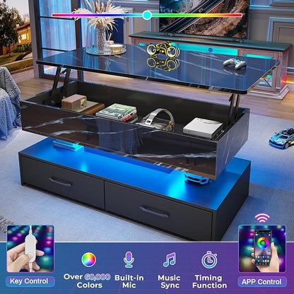 SEDETA 40" Lift Top Coffee Table, Coffee Tables with Storage for Living Room, Small Coffee Table with 2 Drawers & LED Light for Dining Reception Room, Black Marble