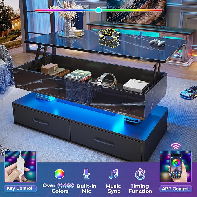 SEDETA 40" Lift Top Coffee Table, Coffee Tables with Storage for Living Room, Small Coffee Table with 2 Drawers & LED Light for Dining Reception Room, Black Marble
