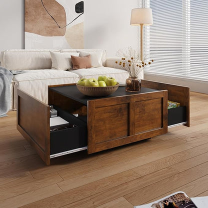 Farmhouse Coffee Table with 2 Storage Drawers for Living Room Square Center Middle Table Modern Cocktail Table Contemporary Mid Century Wood Home Office Waiting Room, Black Rustic