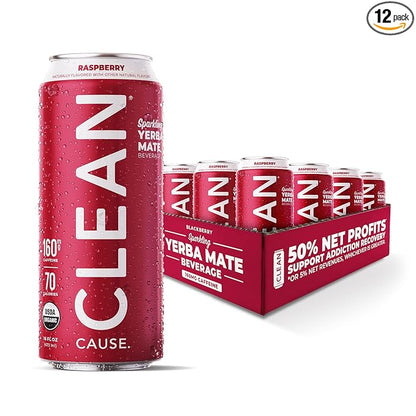 CLEAN Cause Low Calorie Raspberry USDA Organic Sparkling Yerba Mate Tea (16oz cans, 12-Pack Case) Low Sugar, 160mg Caffeine, Healthy Alternative to Soda & Energy Drinks.