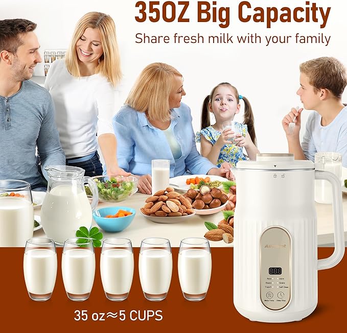 Nut Milk Maker, AlfaBot N2 Automatic Almond Milk Machine for Homemade Plant-Based Milk, Oat, Soy, Yogurt, 5 Modes/35OZ Big Capacity Soy Milk Maker with Delay Setting and Self Cleaning (White)