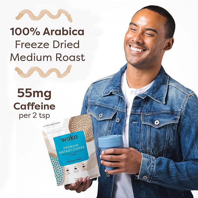 Waka Premium Instant Coffee Pouch — 100% Colombian Arabica Freeze Dried Beans — For Hot or Iced Coffee (8 Ounces, Medium Roast)