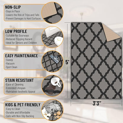 Ottomanson 3'3" x 5' Rugs for Living Room Trellis Area Rug for Bedroom - Non Slip Durable Large Floor Carpet for High Traffic Areas - Indoor Rug for Dining Room Kitchen Kids Playroom, Dark Gray