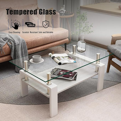 Glass Coffee Table Rectangle Living Room Center Table, with Transparent Tempered Glass Tabletop and White MDF Layer,for Living Room and Office, Transparent +White