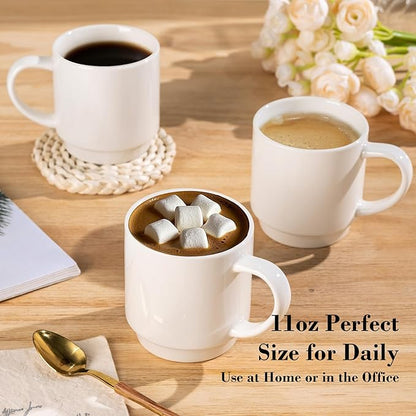 GBHOME 11OZ Stackable Coffee Mugs, Ceramic Coffee Mugs Set of 6 for Man,Woman,Dad,Mom, Porcelain Coffee Mugs for Latte/Cappuccino/Cocoa. Dishwasher&Microwave Safe, Off White