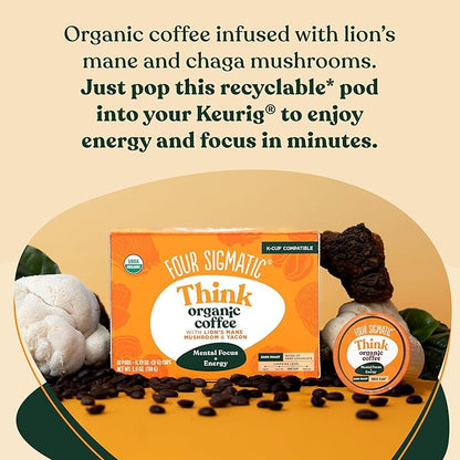Four Sigmatic Mushroom Coffee K-Cups | Organic Dark Roast Coffee with Lion’s Mane Mushroom Powder & Yacon | Focus & Immune Support | Vegan & Keto | Sustainable Pods | 10 Count