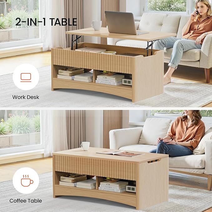 Amada Lift Top Coffee Table with Storage Shelf & Hidden Compartment, Modern Fluted Rectangle Dining Table for Living Room, Home Office,Natural Oak
