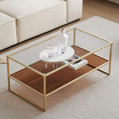 Shrine Glass Coffee Table, Dual-Layer Glass Coffee Table for The Living Room, Gold-Plated Metal Frame, Golden Hardware, Lower Tier with Tinted Glass