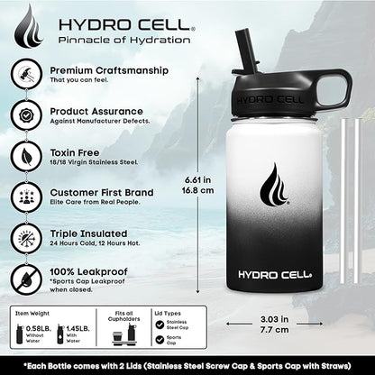 HYDRO CELL Stainless Steel Insulated Water Bottle with Straw - For Cold & Hot Drinks - Metal Vacuum Flask with Screw Cap and Modern Leakproof Sport Thermos for Adults (Black/White 14oz)
