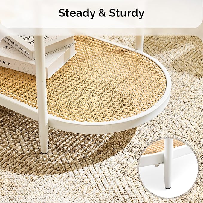 VINGLI 38" Rattan Oval Coffee Table, Glass Metal Center Table, Modern Coffee Tables with 2-Tier Storage, Farmhouse Coffe Table for Living Room and Small Space, White