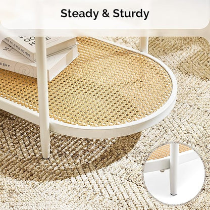 VINGLI 38" Rattan Oval Coffee Table, Glass Metal Center Table, Modern Coffee Tables with 2-Tier Storage, Farmhouse Coffe Table for Living Room and Small Space, White