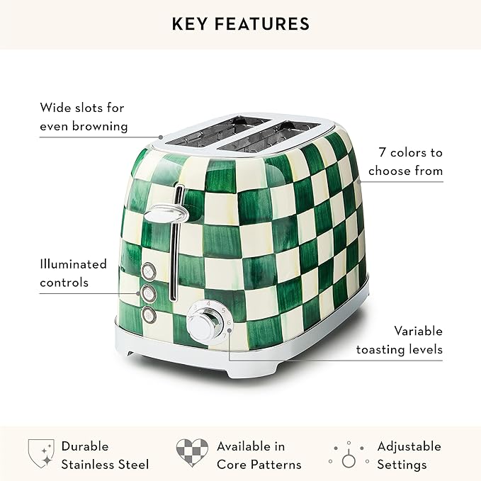 MACKENZIE-CHILDS 2-Slice Toaster, Decorative Toaster for Kitchen, Green-and-White Emerald Check