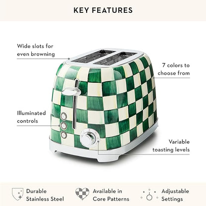 MACKENZIE-CHILDS 2-Slice Toaster, Decorative Toaster for Kitchen, Green-and-White Emerald Check