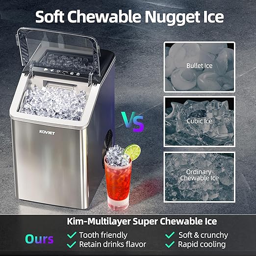 Nugget Ice Makers Countertop, Soft Pebble Ice Machine, Chewable Crushed Pellet Ice 42lbs/Day, Self-Cleaning Drainpipe Ice Maker for Party, Home, Kitchen, Bar, Office, Silver Gray