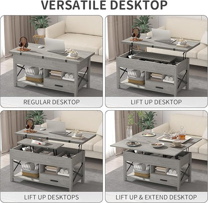 Lift Top Coffee Table with Storage, Convertible Coffee Table Converts to Dining Table, Center Table with Drawer and Hidden Compartment, Farmhouse Coffee Tables with Lifting Top for Living Room, Grey