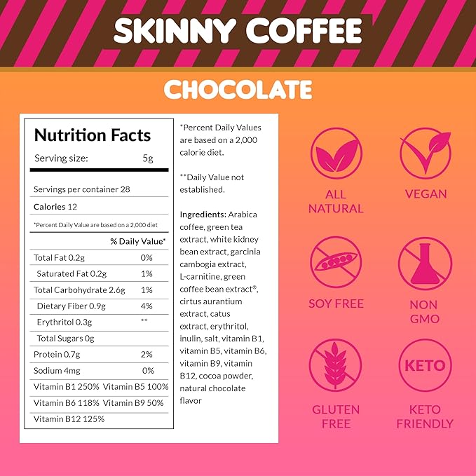 Skinny Boost Instant Skinny Coffee Sticks (Chocolate) - Made with Arabica Coffee Beans, Garcinia Cambogia, Green Tea Extract, B Vitamins, Fiber and Prebiotics –Sugar Free-Keto Friendly (28 Packets)