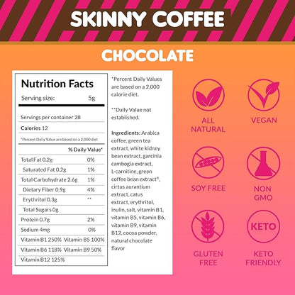 Skinny Boost Instant Skinny Coffee Sticks (Chocolate) - Made with Arabica Coffee Beans, Garcinia Cambogia, Green Tea Extract, B Vitamins, Fiber and Prebiotics –Sugar Free-Keto Friendly (28 Packets)