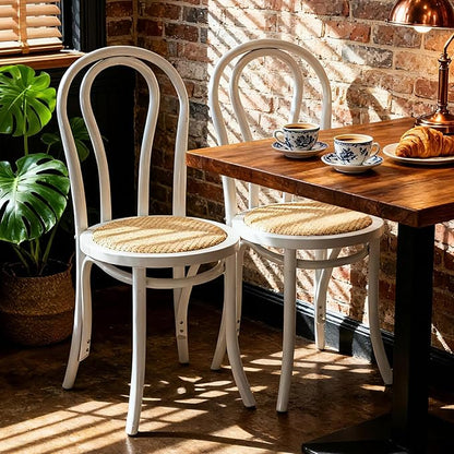 Kmax Vintage Dining Chairs Set of 2, Thonet Soild Wood Rattan Kitchen Chairs Armless French Country Dining Chairs for Wedding Hotel Dessert Shop Cafe, White