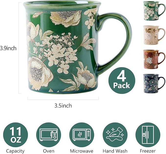 Coffee Mugs Set of 4, 12oz Ceramic Tea Cups with Floral Design, Hand wash only, Microwaveable, Gift Box, Perfect for Cappuccino, Latte, Hot Chocolate–Tazas Para Café Bonitas (Royal Bloom)