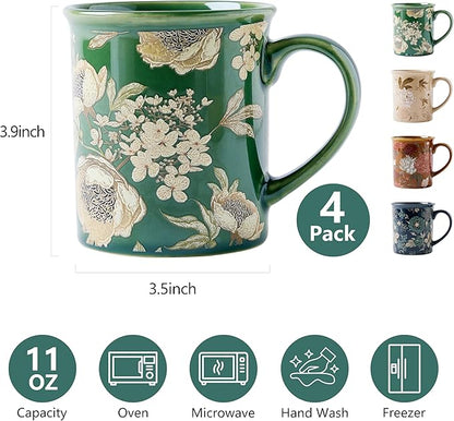 Coffee Mugs Set of 4, 12oz Ceramic Tea Cups with Floral Design, Hand wash only, Microwaveable, Gift Box, Perfect for Cappuccino, Latte, Hot Chocolate–Tazas Para Café Bonitas (Royal Bloom)
