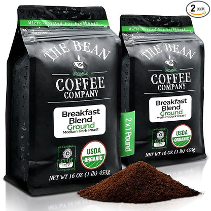 The Bean Organic Coffee Company Breakfast Blend, Medium Dark Roast, Ground Coffee, 16-Ounce Bags (Pack of 2),Café molido tostado organico