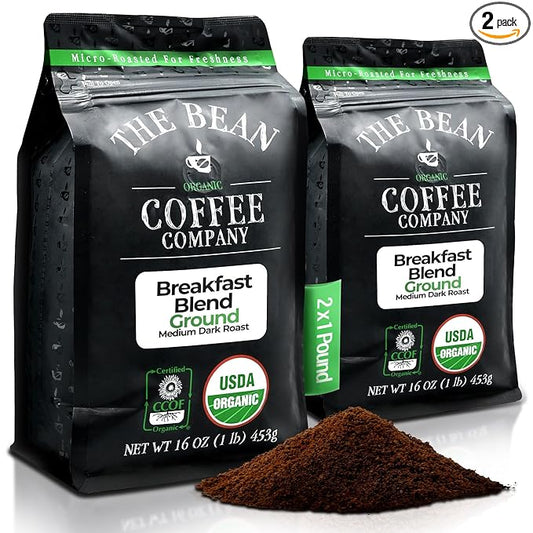 The Bean Organic Coffee Company Breakfast Blend, Medium Dark Roast, Ground Coffee, 16-Ounce Bags (Pack of 2),Café molido tostado organico