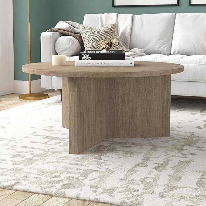 Henn&Hart 36" Round Wood Pedestal Coffee Table for Living Room, Family Room, Office, or Apartment, Antiqued Gray Oak