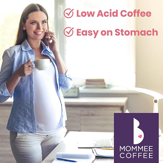 Mommee Coffee Half Caf Low Acid Whole Organic Coffee Beans - 100% Arabica Organic Half Caff Coffee Beans with Smooth Caramel Flavor - Natural Process - Medium Roast - 11 oz