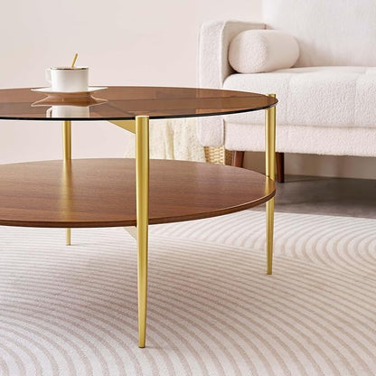 Extra Large Round Coffee Table, Mid-Century Modern Design, D34 x H17 in, for Living Room, 2-Tier Structure, Amber Glass Top and Walnut MDF Shelf, Sleek Conical Metal Legs with Gold Finish