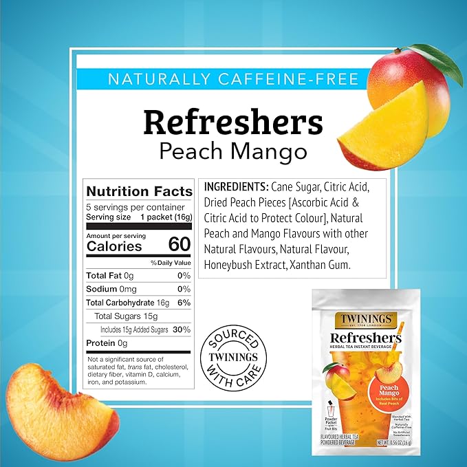 NEW Twinings Peach Mango Refreshers, Herbal Tea Instant Beverage with Real Peach Fruit Bits, 5 Count (Pack of 6), Café Style, No Artificial Sweeteners, Naturally Caffeine-Free Refreshment, 30 Packets
