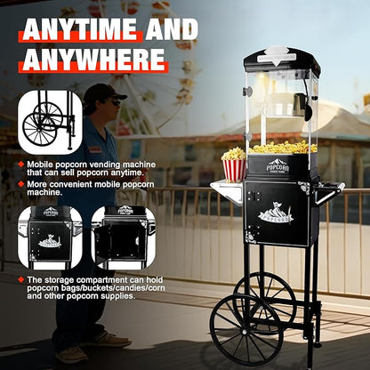 Portable Popcorn Machine with Cart & Wheels, 10 Oz Commercial Popcorn Maker with Kettle, Includes 3 Measuring Spoons for Home Theater, Parties, Events