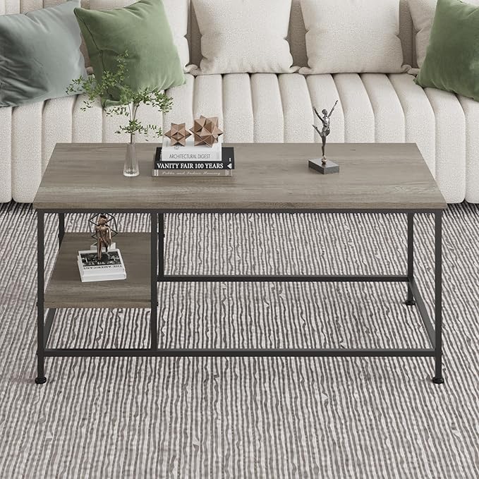 SENIG Grey Oak Rectangle Wood and Metal Coffee Table with Storage Shelf for Small Living Rooms with Shelf