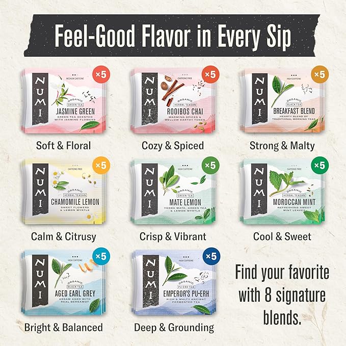 Numi Organic Tea By Mood Gift Set, 40 Tea Bag Assortment, Premium | Organic Black | Pu-erh | Green | Maté | Rooibos & Herbal Teas