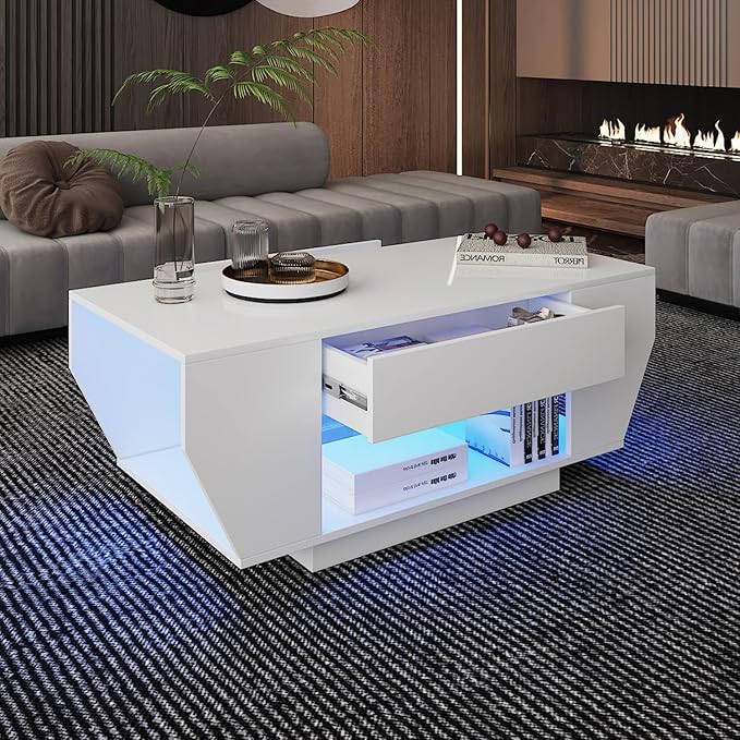 42" White Modern Coffee Table for Living Room, High Glossy Wooden Living Room Table with Storage, Led Rectangular Coffee Tables with 2 Drawers, Wood Center Table for Reception Dinning Room