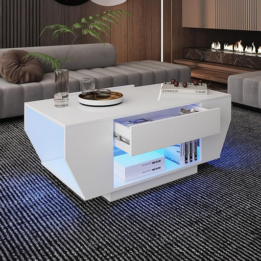 42" White Modern Coffee Table for Living Room, High Glossy Wooden Living Room Table with Storage, Led Rectangular Coffee Tables with 2 Drawers, Wood Center Table for Reception Dinning Room
