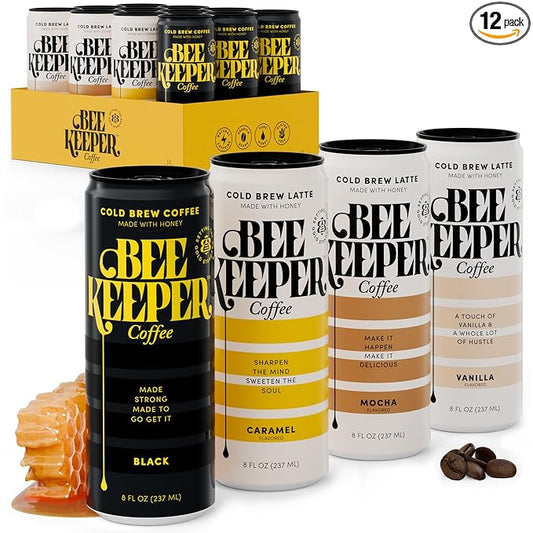 Beekeeper Coffee Cold Brew with Oregon Honey, Mixed Variety Pack, 8 fl oz Cans (Pack of 12), Ready-to-Drink Black, Caramel, Mocha & Vanilla Lattes
