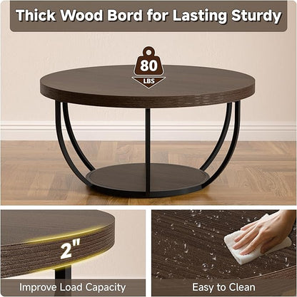 Round Coffee Table, 31" Coffee Table for Living Room Decor, 2-Tier Storage with Steel Frame, Space-Saving Wood Center Table, Modern Style Easy Assembly (Dark Coffee)