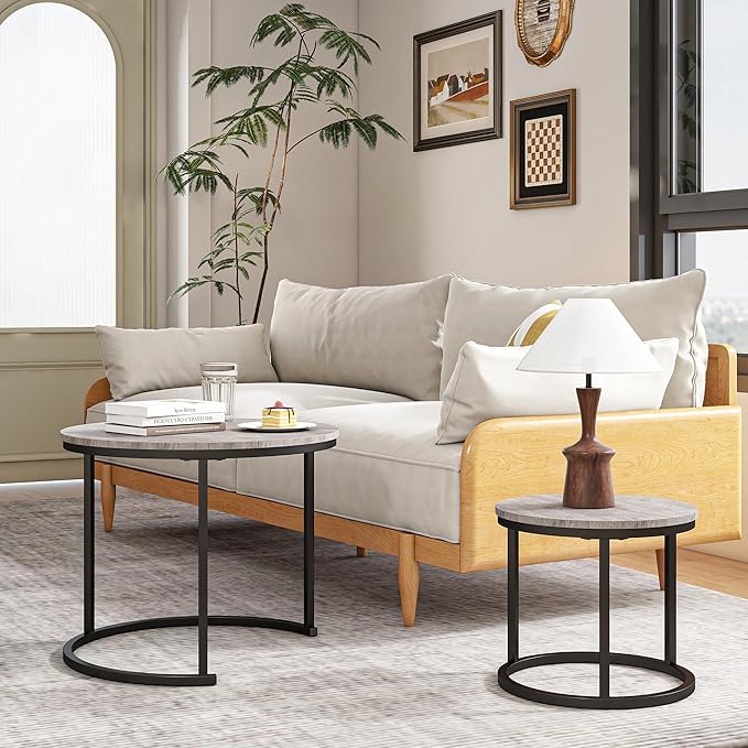 Round Coffee Table Set of 2 for Living Room,Black Small Coffee Table Living Room,Nesting Tables Metal Frame/Wood,Sturdy/Easy Assembly,Stacking Side Tables Bedroom,Grey