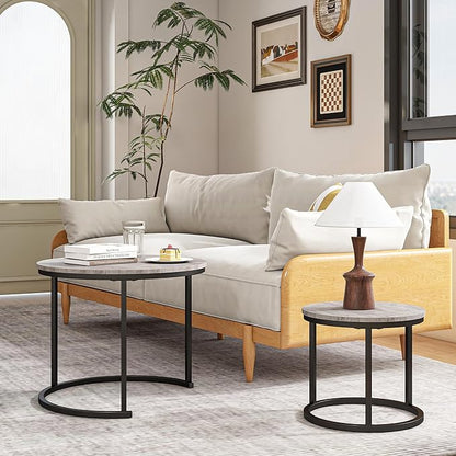Round Coffee Table Set of 2 for Living Room,Black Small Coffee Table Living Room,Nesting Tables Metal Frame/Wood,Sturdy/Easy Assembly,Stacking Side Tables Bedroom,Grey