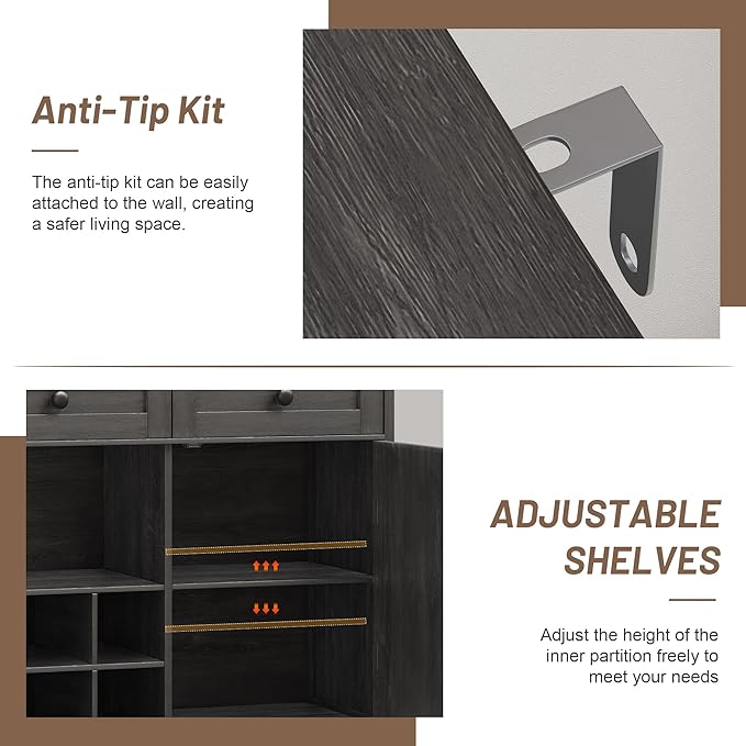 51" Sideboard Buffet Cabinet with Storage, Large Coffee Bar Cabinet with Drawers, Doors and Charging Station, Farmhouse Kitchen Sideboard Table for Kitchen, Dining Room, Living Room, Dark Grey