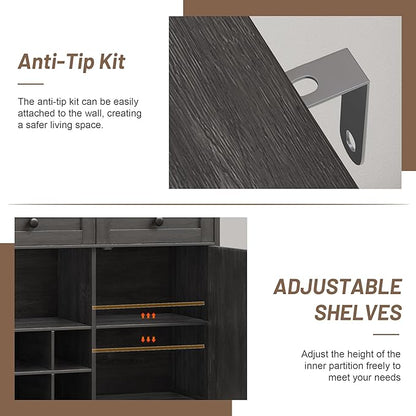 51" Sideboard Buffet Cabinet with Storage, Large Coffee Bar Cabinet with Drawers, Doors and Charging Station, Farmhouse Kitchen Sideboard Table for Kitchen, Dining Room, Living Room, Dark Grey