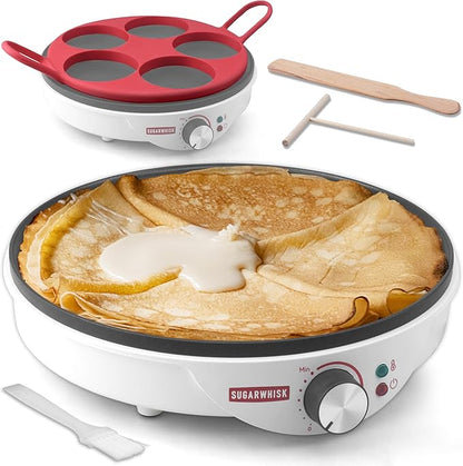 Crepe Maker Electric, Crepe Pan 12 Inch with 5 X 4” Silicone Molds, Pancake Maker Machine for Pancakes & Tortilla & Fried Eggs, Batter Spreader & Spatula Included, White