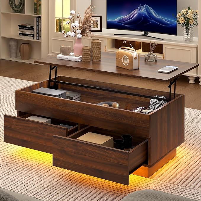 HOMMPA Lift Top Coffee Table with LED Light Morden Coffee Table with Storage High Gloss Walnut Coffee Table for Living Room Tea Table with Storage Center Tables Hidden Compartment & 2 Drawers