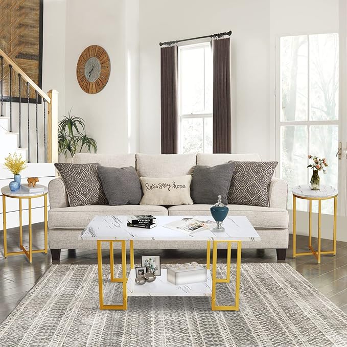 Lamerge Coffee Table, Modern Faux Marble Top Coffee Table with Metal Frame and Storage Shelf, 2-Tier Rectangle Accent Cocktail Table for Living Room, Office, White Gold