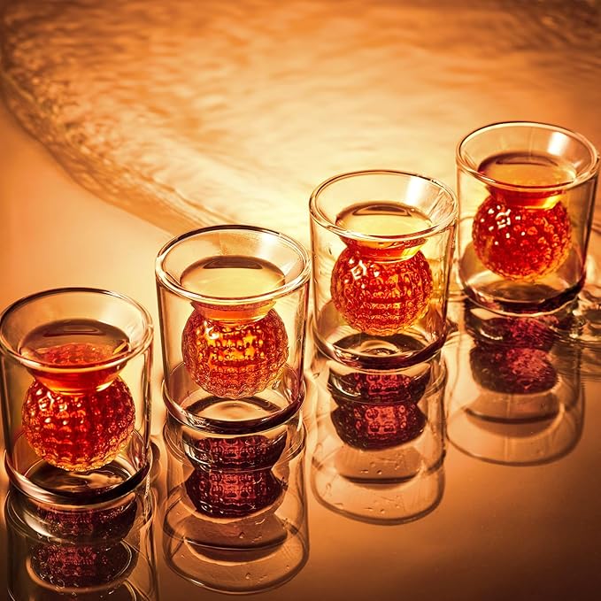 Golf Ball Shot Glasses Set of 4, Funny Handmade Birthday Gifts for Men and Women - 2oz Double Walled with 3D Shape Golf Ball Inside, Tequila, Whiskey, Cocktail Presents for Golfer