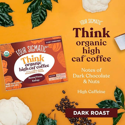 Four Sigmatic High Caffeine Mushroom Coffee K-Cups | Organic Dark Roast Coffee with Lion’s Mane & Chaga | Focus & Immune Support | Vegan & Keto | Sustainable Pods | 24 Count