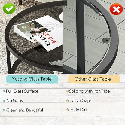 Yusong Round Glass Coffee Tables for Living Room, 2-Tier Circle Coffee Table with Storage, 26" Modern Center Accent Table with Light Black Glass, Small End Table for Small Space, Bedroom