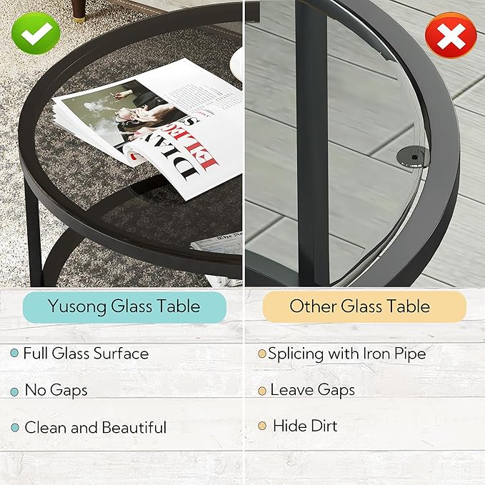 Yusong Round Glass Coffee Tables for Living Room, 2-Tier Circle Coffee Table with Storage, 26" Modern Center Accent Table with Light Black Glass, Small End Table for Small Space, Bedroom